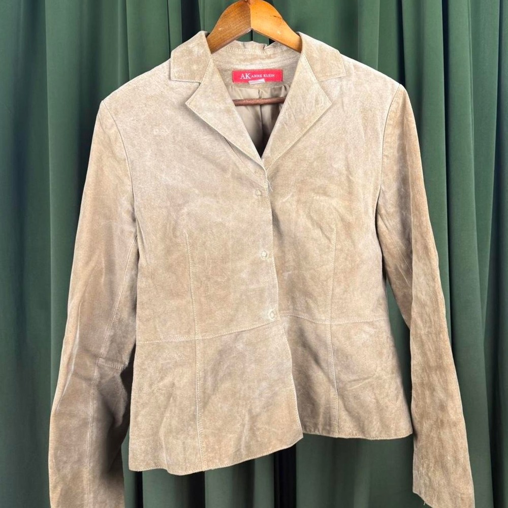 AK Anne Klein Tan Leather Blazer Jacket Womens Large Suede Button Front Cream